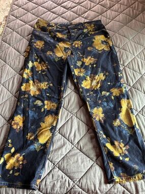 Chico's Navy Jeans with Mustard Floral Print